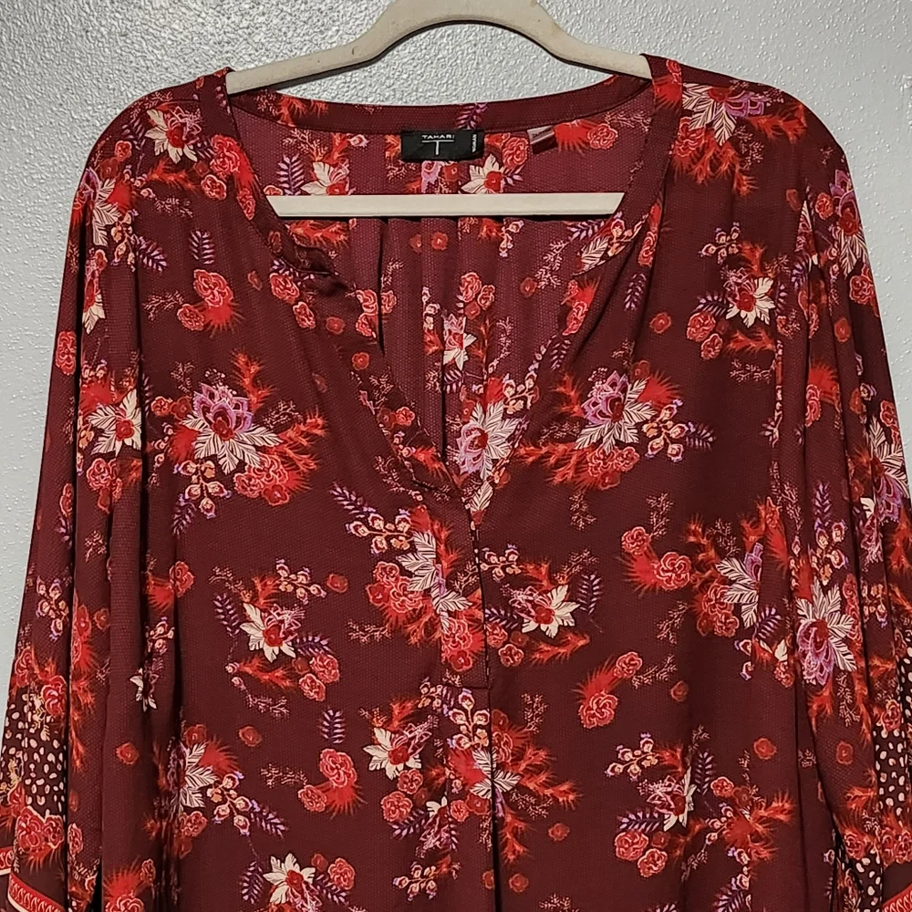 TAHARI Blouse Women's Plus Size 3X Burgundy Floral Boho Romantic Top - Picture 3 of 9